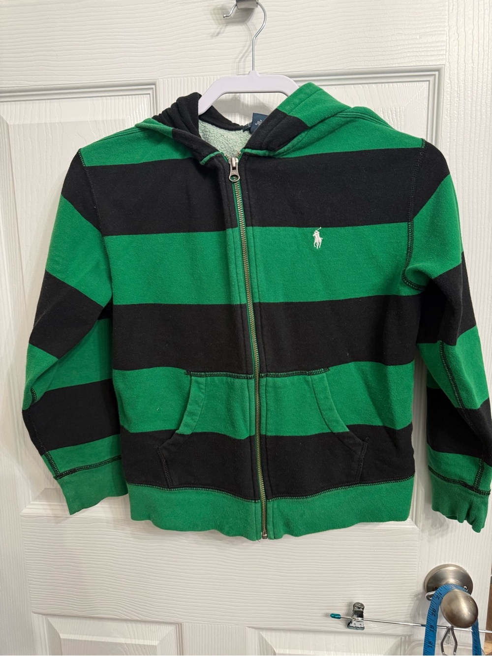 Polo Ralph Lauren Boys M 10-12 Green Black Stripe Full Zip Hoodie Pony